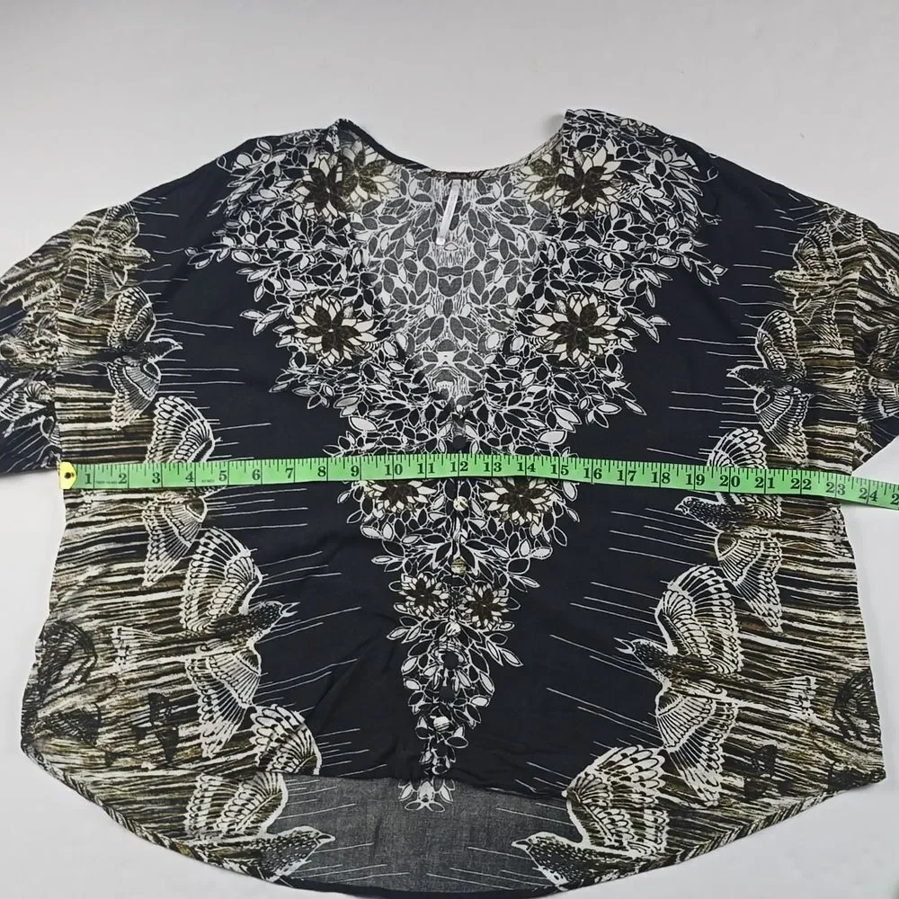 FREE PEOPLE -1816 Birds of a Feather Balloon Sleeve Printed Blouse Black Tan XS‎